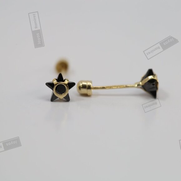 14K Solid Gold Star Stud Earrings • Black Cubic Zirconia Design • Modern Jewelry - Picture 4 of 8